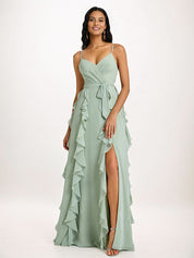 Dusty Sage A-Line V-Neck Ruffles Floor-Length Chiffon Bridesmaid Dress