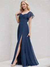 Navy Blue Chiffon A Line V Neck Short Sleeves Floor Length Bridesmaid Dress