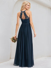Dark Navy Chiffon A Line Halter Neck Sleeveless Floor Length Bridesmaid Dress