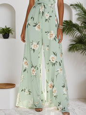 Light Green Floral V Neck Regular Fit Chiffon Jumpsuit