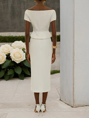 Women White Sash Buckle Off The Shoulder Short Sleeve Top With Skirt Two-Piece Set