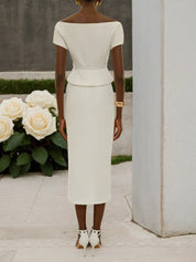 Women White Sash Buckle Off The Shoulder Short Sleeve Top With Skirt Two-Piece Set