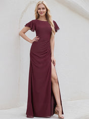 Cabernet Chiffon A Line Boat Neck Ruffle Sleeves Floor Length Bridesmaid Dress