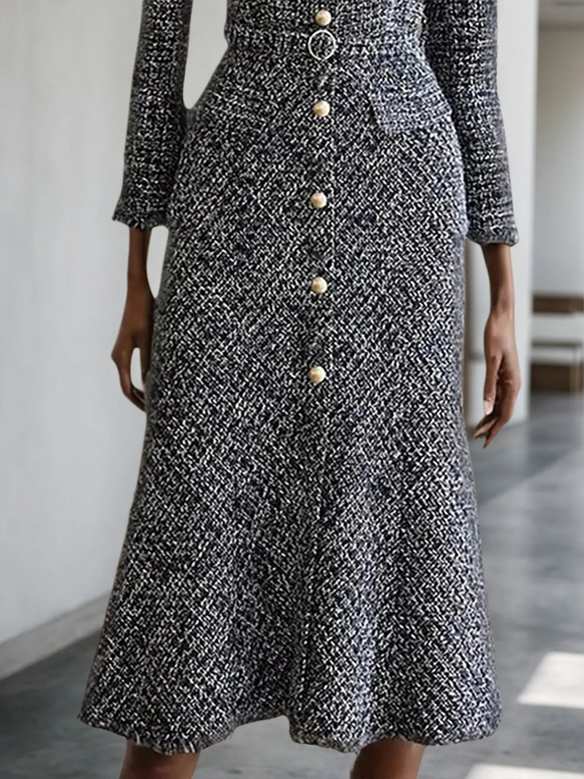Black Buckle Square Neck Long Sleeve A-Line Midi Tweed Blazer Dress