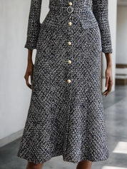 Black Buckle Square Neck Long Sleeve A-Line Midi Tweed Blazer Dress