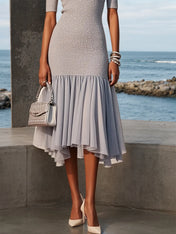 Gray Asymmetric Knit Crew Neck Half Sleeve Mermaid Midi Dress