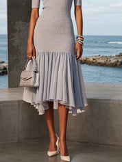 Gray Asymmetric Knit Crew Neck Half Sleeve Mermaid Midi Dress