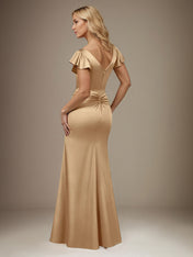 Champagne Trumpet/Mermaid Satin V Neck Short Sleeves Floor Length Dress With Slit
