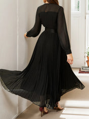 Black Pleated Mesh Chiffon Crew Neck Long Sleeve Balloon Sleeve A-Line Maxi Dress