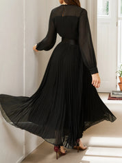 Black Pleated Mesh Chiffon Crew Neck Long Sleeve Balloon Sleeve A-Line Maxi Dress