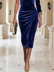 Royal Blue One Shoulder Three Quarter Sleeve Sheath Midi Velvet Dress