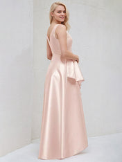 Blushing Pink A Line Scoop Neck Sleeveless Asymmetrical Satin Bridesmaid Dresses
