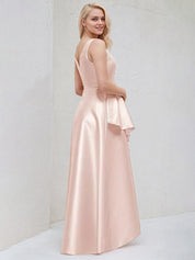 Blushing Pink A Line Scoop Neck Sleeveless Asymmetrical Satin Bridesmaid Dresses