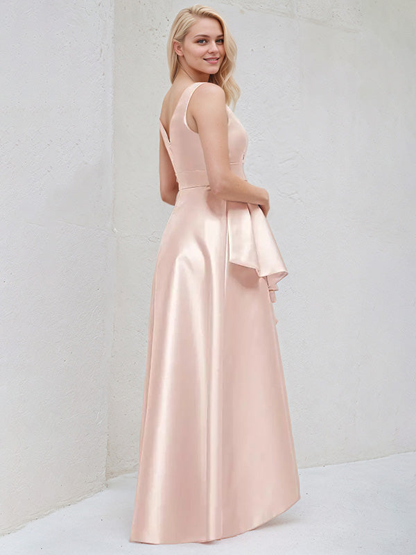 Blushing Pink A Line Scoop Neck Sleeveless Asymmetrical Satin Bridesmaid Dresses