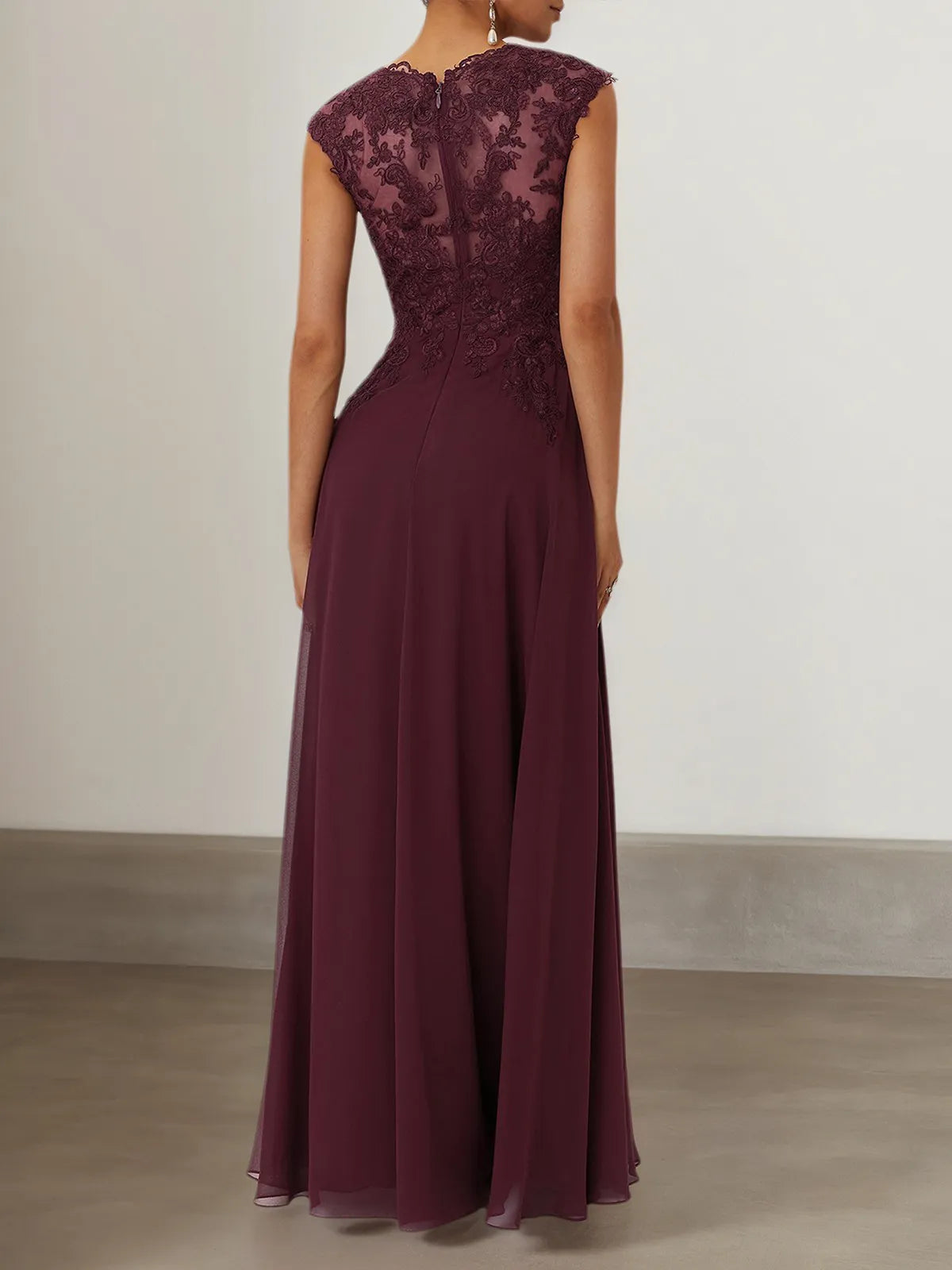 Wine Red Lace Chiffon Crew Neck Cap Sleeve A-Line Maxi Dress