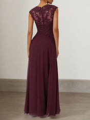 Wine Red Lace Chiffon Crew Neck Cap Sleeve A-Line Maxi Dress