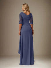 A Line Chiffon Boat Neck 1/2 Sleeves Floor Length Pleated Mother of the Bride Dresses With Appliques