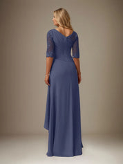 A Line Chiffon Boat Neck 1/2 Sleeves Floor Length Pleated Mother of the Bride Dresses With Appliques