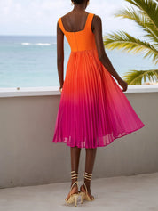 Orange Pleated Ombre Classic Square Neck Sleeveless A-Line Midi Dress