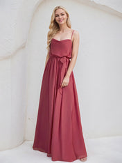 Cinnamon Rose Chiffon A Line Spaghetti Straps Sleeveless Floor Length Bridesmaid Dress