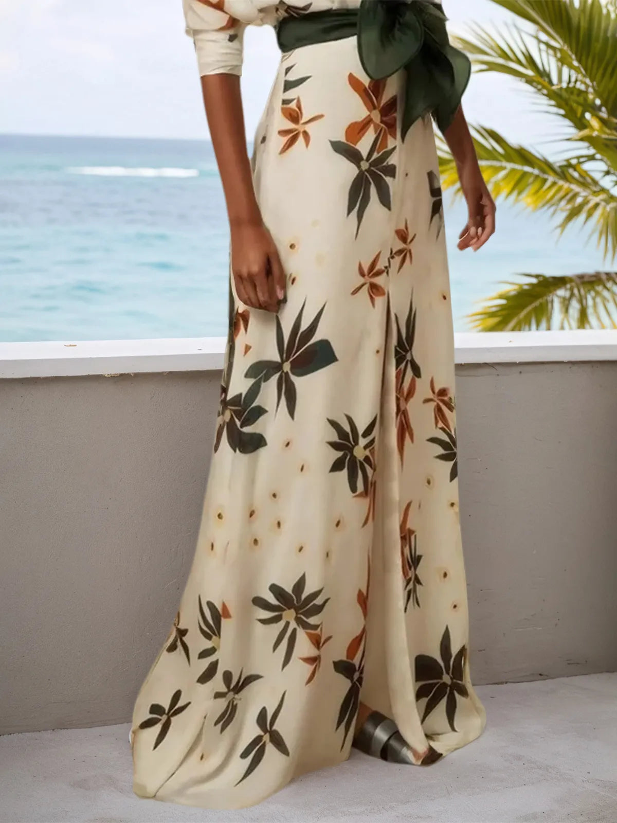 White Floral V Neck Long Sleeve A-Line Maxi Dress