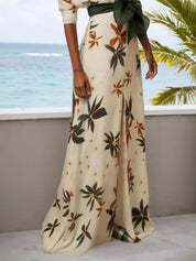 White Floral V Neck Long Sleeve A-Line Maxi Dress