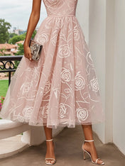 Light Pink Floral Ruffled Classic V Neck Sleeveless Ruffle Sleeve A-Line Midi Dress