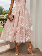 Light Pink Floral Ruffled Classic V Neck Sleeveless Ruffle Sleeve A-Line Midi Dress
