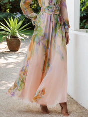 Pink Floral A Line Ruched Chiffon Crew Neck Long Sleeve Puff Sleeve Maxi Dress