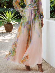 Pink Floral Ruched Chiffon Crew Neck Long Sleeve Puff Sleeve A-Line Maxi Dress