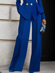 Women Blue Buckle Lapel Collar Long Sleeve Coat With Pants Two-Piece Set