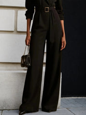 Women Black Mesh Lapel Collar Long Sleeve Dressy Jumpsuit