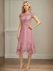 A Line Scoop Neck Chiffon Mother of the Bride Dress with Appliques