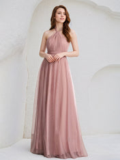 Dusty Rose A-Line Halter Neck Floor-Length Tulle Bridesmaid Dress