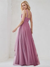 Orchid Tulle A Line Spaghetti Straps Sleeveless Floor Length Bridesmaid Dress