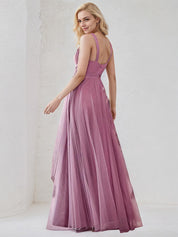 Orchid Tulle A Line Spaghetti Straps Sleeveless Floor Length Bridesmaid Dress