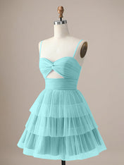 A Line Spaghetti Straps Short Tiered Homecoming Dress with Hollow Out