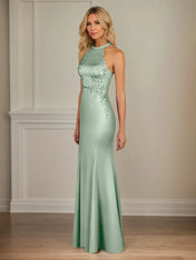 Trumpet/Mermaid Halter Neck Sleeveless Floor-Length Satin Dress With Pleated