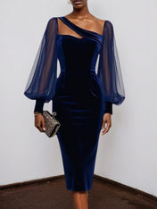 Purplish Blue Mesh Balloon Sleeve Sheath Midi Velvet Dress