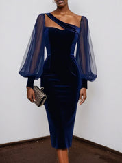 Purplish Blue Mesh Balloon Sleeve Sheath Midi Velvet Dress