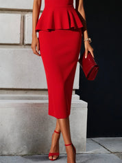 Red Peplum Square Neck Sleeveless Sheath Midi Dress
