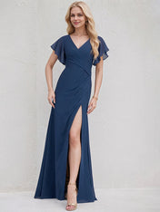 Navy Blue Chiffon A Line V Neck Floor Length Bridesmaid Dress With Ruffle