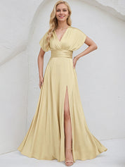 Champagne Satin A Line V Neck Short Sleeves Floor Length Bridesmaid Dress