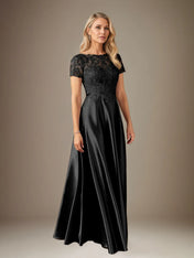 A Line Satin Scoop Neck Short Sleeves Floor Length Dress With Appliques