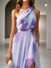 Lavender Purple Asymmetric Floral Classic One Shoulder Sleeveless A-Line Maxi Dress