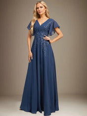 A Line V Neck Floor Length Lace Chiffon Evening Dress With Pleated Sequins