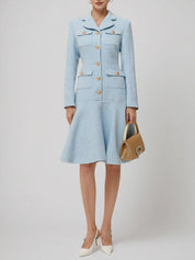 Light Blue Lapel Collar Pocket A-Line Midi Tweed Blazer Dress