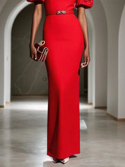 Red Lace Classic Boat Neck Short Sleeve Balloon Sleeve Sheath Maxi Dress