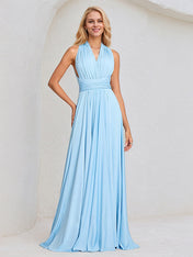 Sky Blue Chiffon A Line Halter Neck Floor-Length Sleeveless Bridesmaid Dress