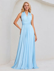 Sky Blue Chiffon A Line Halter Neck Floor-Length Sleeveless Bridesmaid Dress